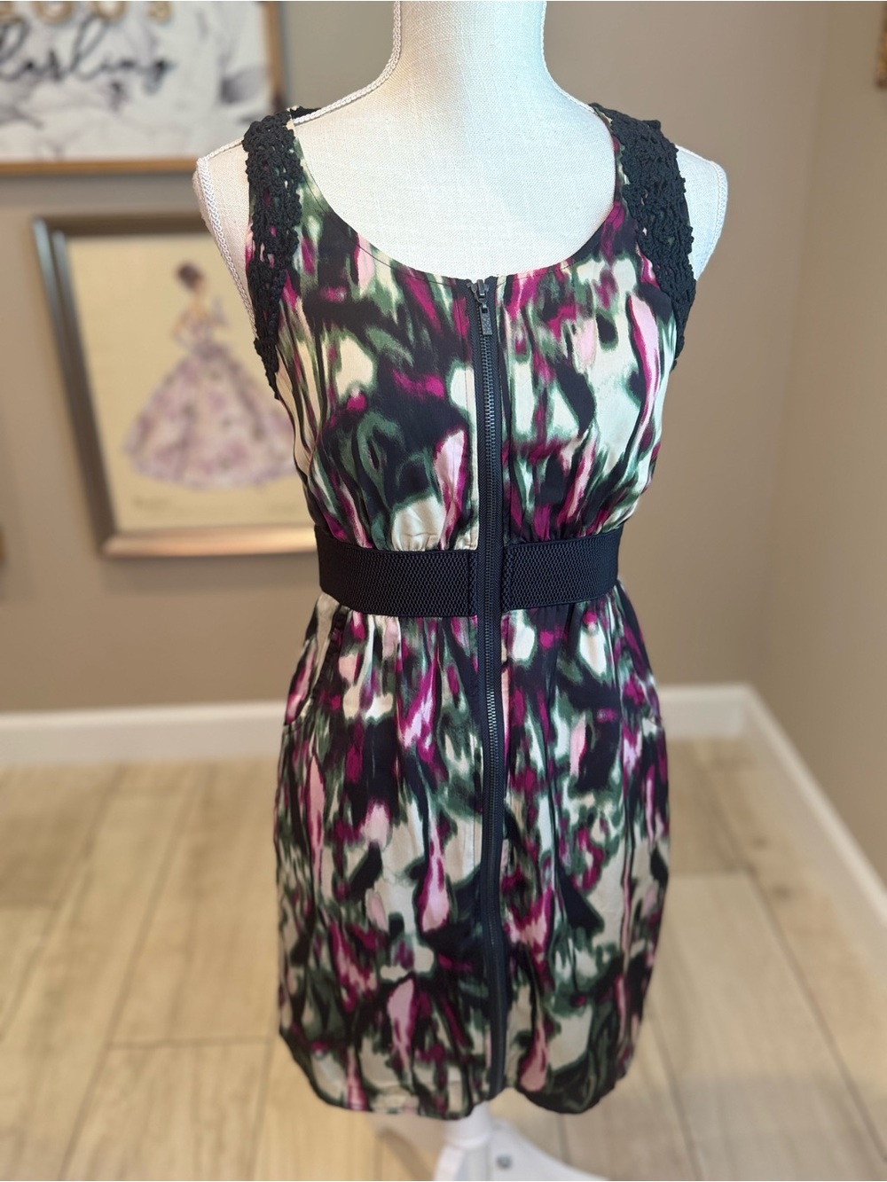 Kensie Watercolor Print Full Zip-Front Mini Dress